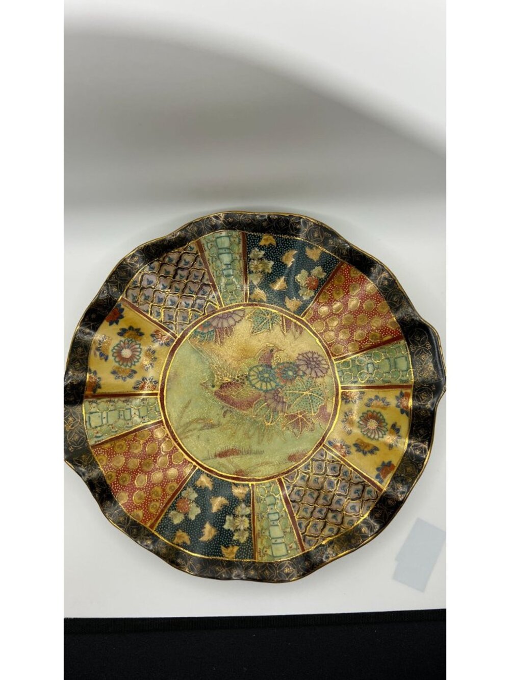 Hand-Painted Decorative Plate With Birds & Floral Motif Scalloped Edge Multicolo